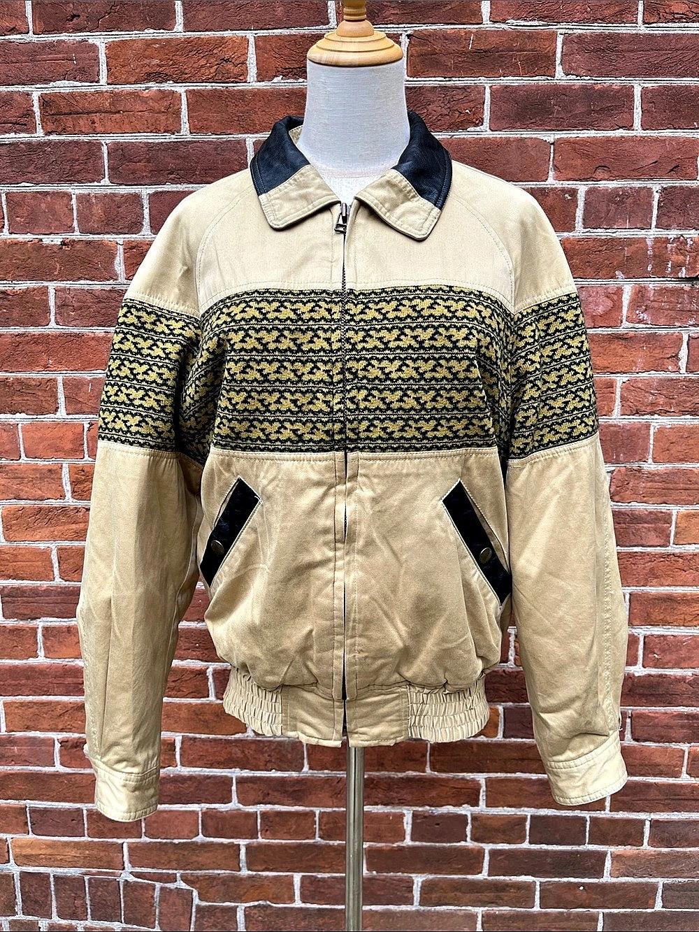 Vintage Mike Birnies Japanese Knit Pattern Bomber Jacket Leather Trim